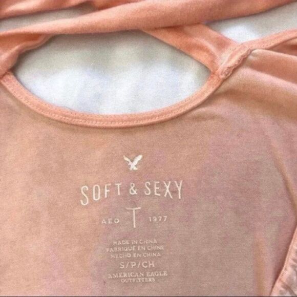 American Eagle Soft & Sexy Ballet Top Tee Peach Criss Cross Back Sz Small EUC - Picture 2 of 7